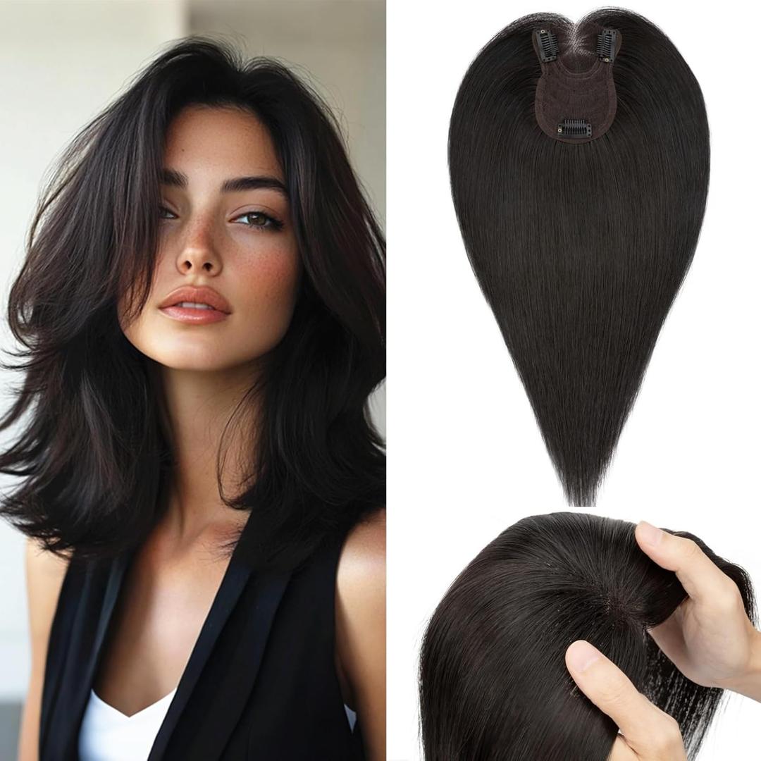 Rich Choices Hair Toppers for Women Real Human Hair Remy Hairs Toppers for Women with Thinning Hairs Crown Wispy Clip in Topper Hairpieces 14 Inch No Bang-#1B Natural Black