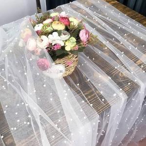 2 Pcs 10 Ft Pearl Table Runner Lace Tablecloth 30x120 Inch White Tulle Fabric Cover Table Cloth Bridal Elegant Veil Arch Decorations for Wedding Baby Shower Birthday Pearl Party Dessert Table Decor