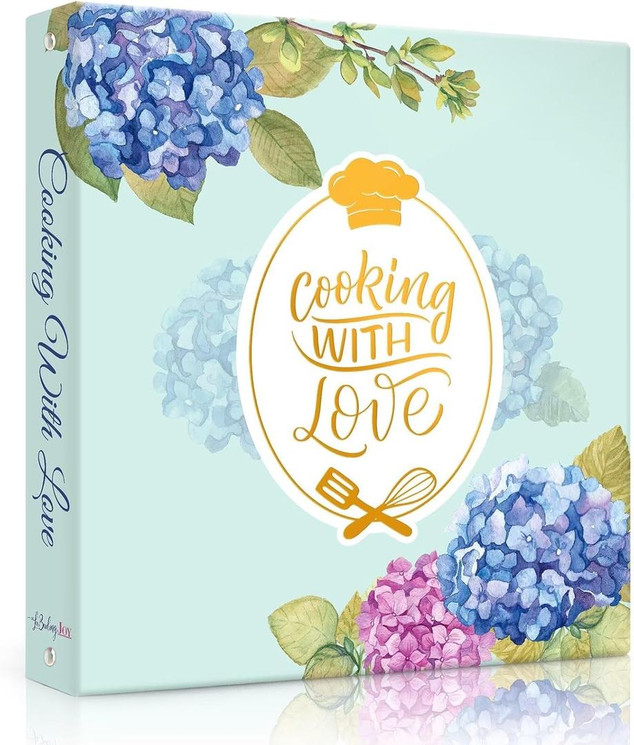 Recipe Binder with Plastic Sleeves, Full Page Cards and Dividers, Recipe Binder 8.5x11 3 Ring, Blank Recipe Book Binder to Write in Your Own Recipes (Blue Hydrangea)