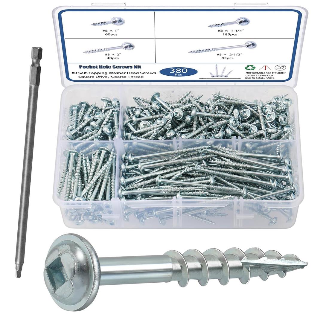 Pocket Hole Screws Assortment Kit, 380Pcs in 4 Sizes #8 x 1, 1-1/4", 2", 2-1/2", Coarse Thread Wood Screws with Square Drive, Zinc Plated Pocket Screws, Self Tapping, Drive Bit Included