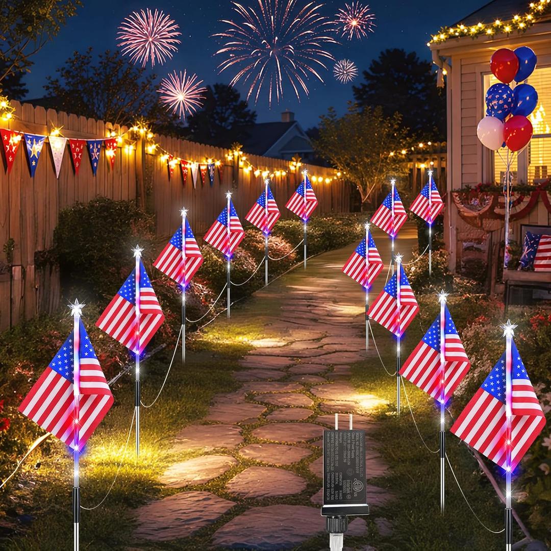 12 Pack 108 LED American Flag Pathway Lights, 4th of July Decoration Outdoor, Waterproof Patriotic USA Flag Stake Lights w/ 8 Modes, Red White Blue Lights for Memorial Day Independence Day
