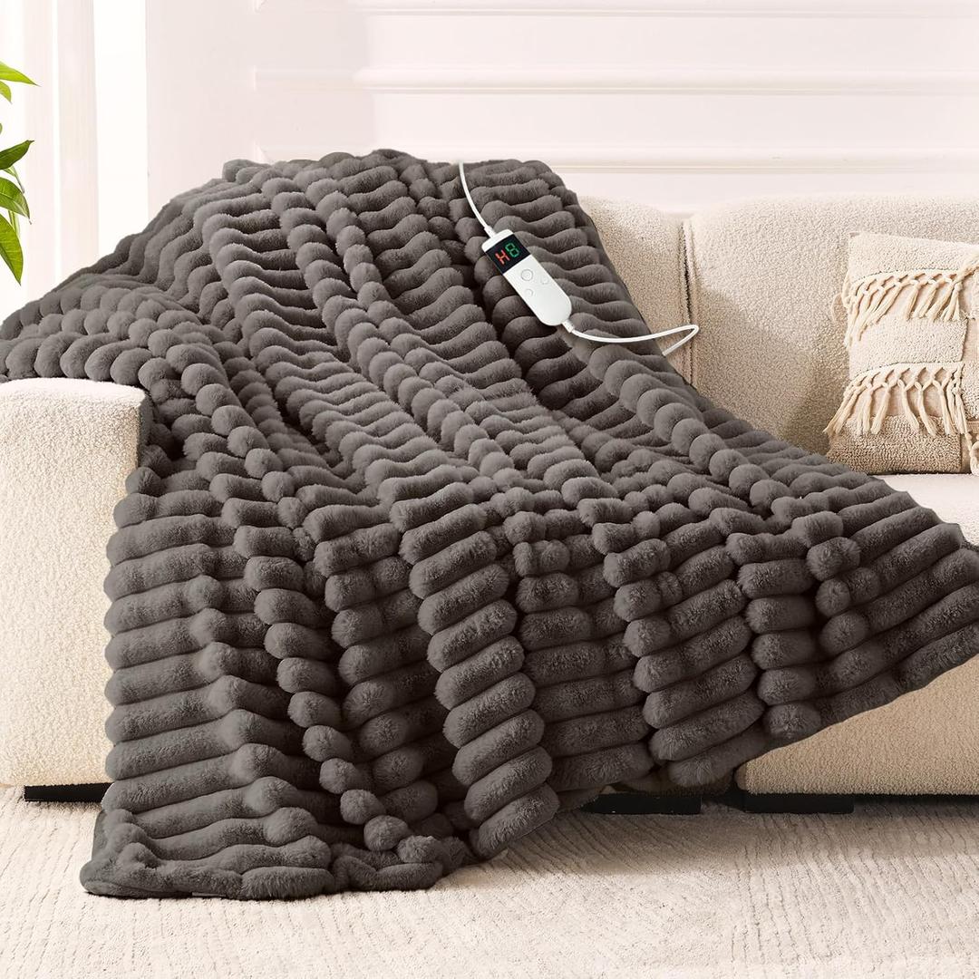 Heated Blanket Electric Throw, Soft Flannel Heating Blanket with 8 Hours Auto Off 10 Fast Heating Levels Machine Washable Sherpa Heated Blanket with Overheating Protection (Throw (50" x 60"), Light Gray)