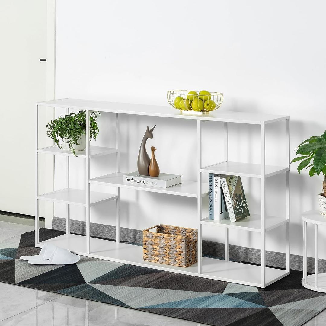 55 Long Narrow Sofa Table,Industrial Console Table with 8 Shelves Behind Couch,Display Shelf for Entry Way,Hallway,Corridor,Living Room,Foyer(White, 55.1211.8131.5)