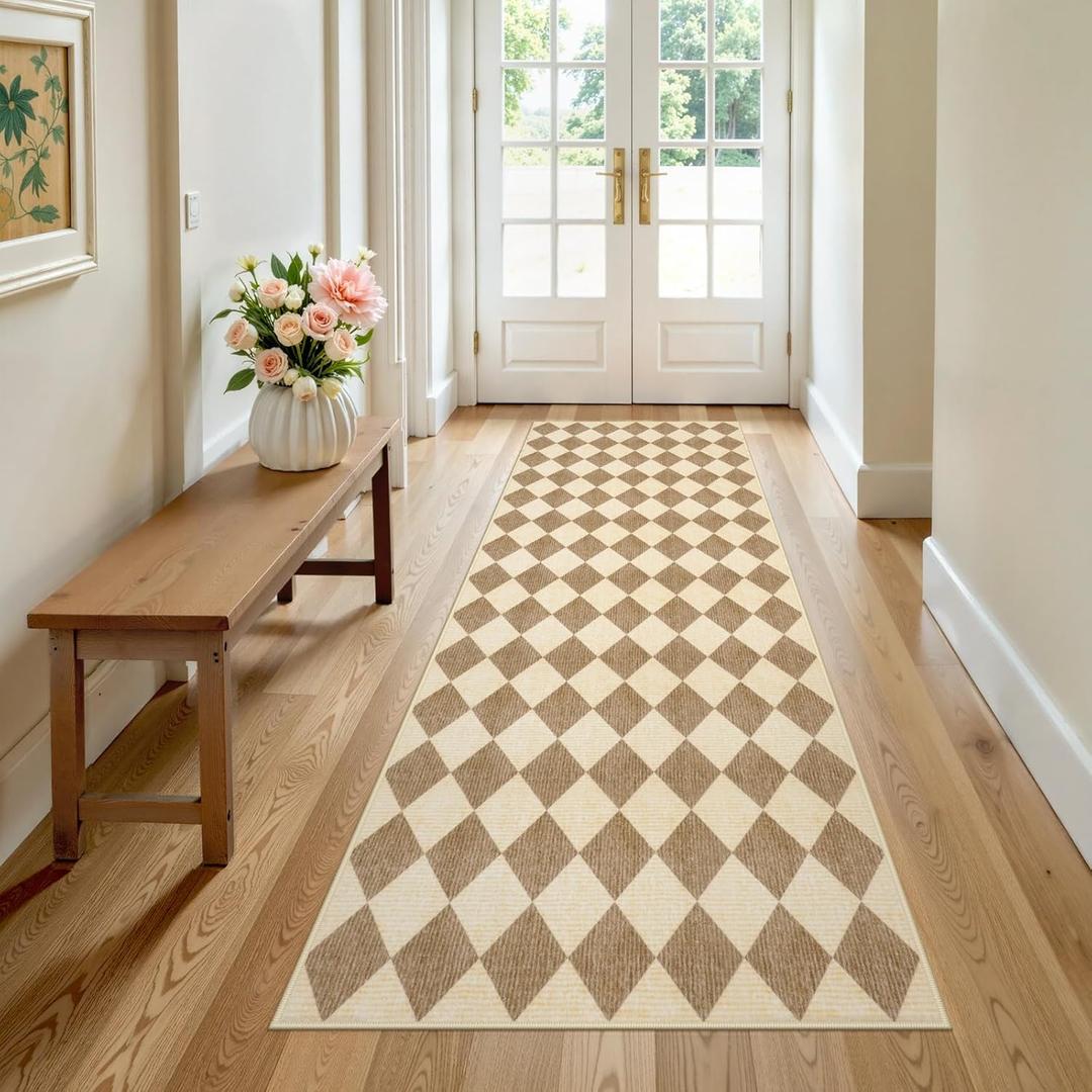 LIVEBOX Checkered Rug Runners for Hallways 2.5x8, Beige Non Slip Kitchen Washable Runner Rugs, Moroccan Plaid Indoor Carpet Runner for Entryway Bathroom Bedroom Laundry