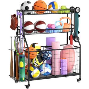 Sports Equipment Garage Organizer - Heavy Duty Garage Organization Ball Storage Rack with Basket, Hooks and Rolling Cart for Sports Gear and Toy Storage, Indoor/Outdoor Use, Black