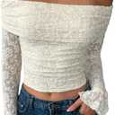 SOLY HUX Women's Floral Lace Off The Shoulder Tees Long Sleeve Shirts Tight Fitted Going Out T-Shirt Crop Tops, Small