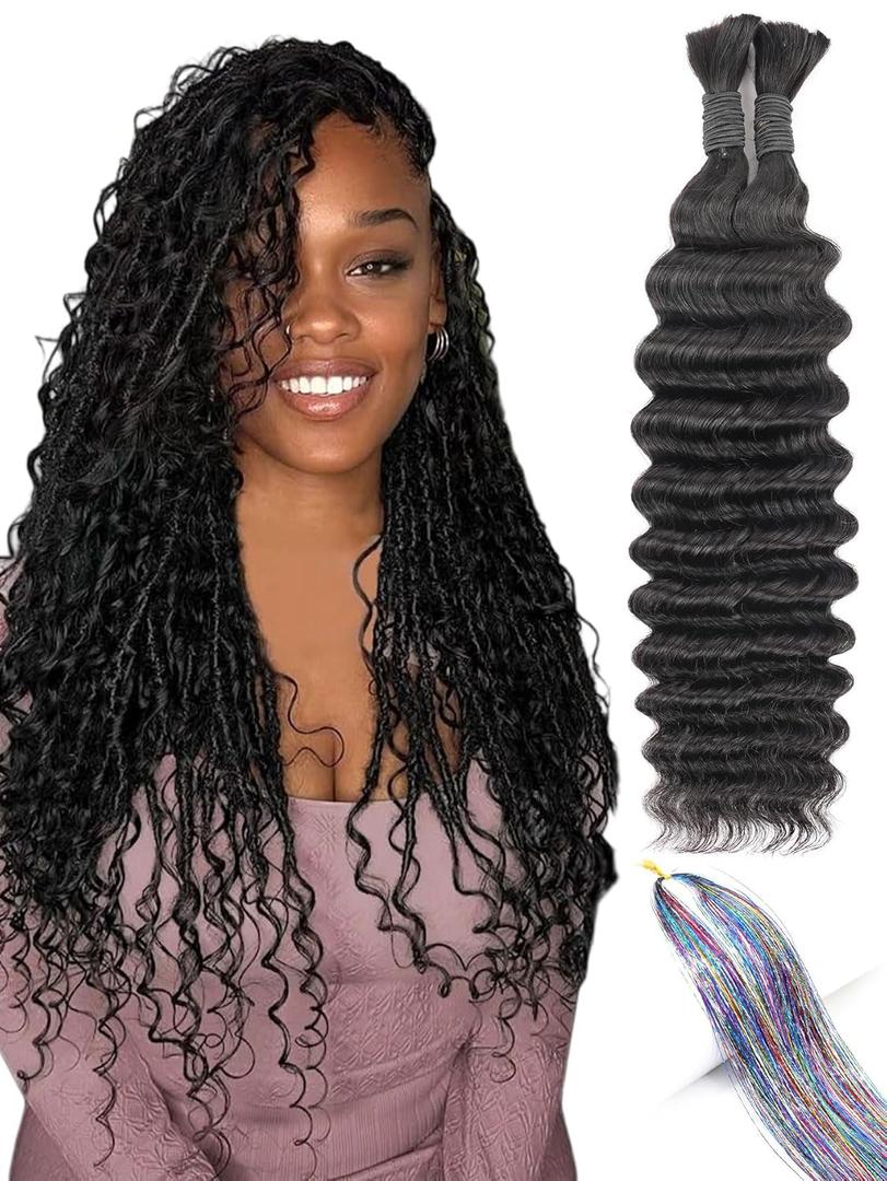 Human Braiding Hair for Boho Braids 110g Deep Wave Curly Bulk Human Hair 2 Bundles 12A Wet and Wavy Extensions for Knotless Bohemian Braids No Weft Natural Black 18 Inch