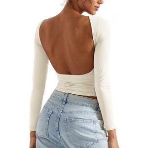 SUUKSESS Women Backless Going Out Tops Double Lined Open Back Basic Long Sleeve (Beige, L)