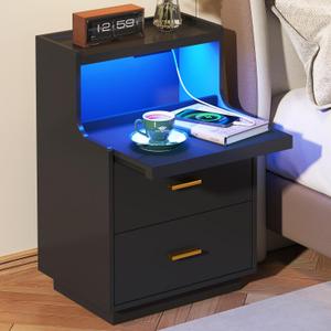 Yusong LED Nightstand Bedside Table with Charging Station 2 Drawers, Modern Sofa Couch End Side Table with LED Lights and Pull-Out Shelf for Bedroom, Black