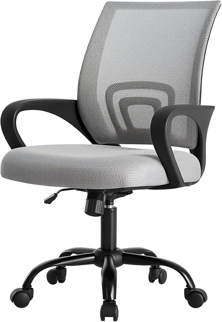 DUMOS Home Office Chair - Ergonomic Mid Back Mesh Desk Chair with Lumbar Support & Rocking Mode, Height Adjustable with Fixed Armrest, for Computer, Gaming, Meeting, 360 Swivel, Grey, 22.6" X 23.62" X 37.4"