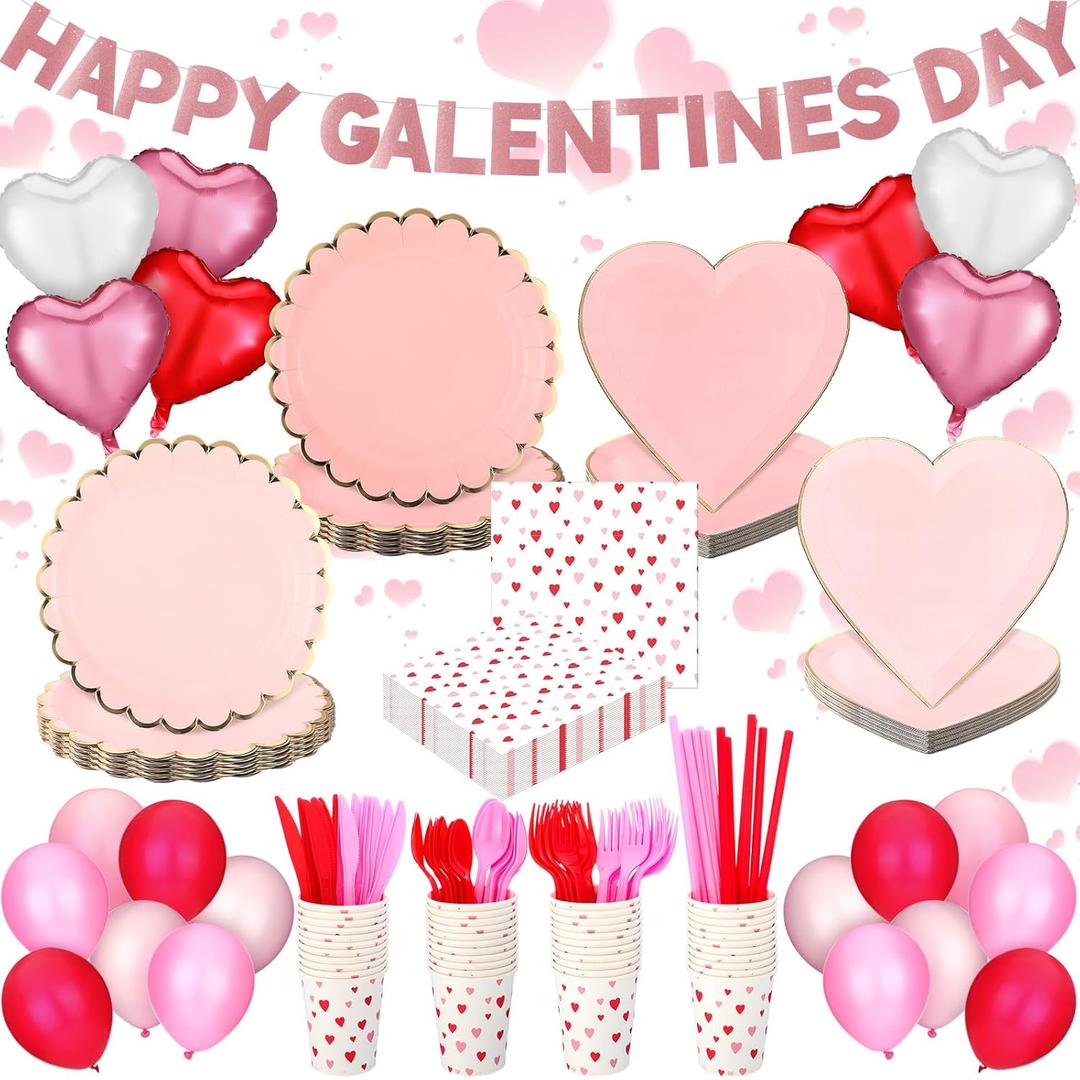 133 Pcs Happy Galentine's Day Decorations Tableware with Banner Heart Foil Latex Balloons and Plates, Napkins, Cups Dinnerware Sets for Galentine's Day Party Supplies, Serve 16 Guest