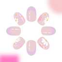 Flower Press on Nails - Short Oval Fake Nails Purple French Tip False Nails Press ons with Floral Design, Glossy Acrylic Nails Full Cover Artificial Glue on Nails for Women Manicure 24Pcs