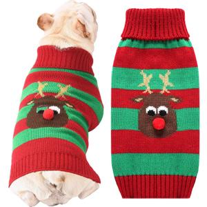 Dog Cat Christmas Sweater Boy Girl Ugly Reindeer Xmas Pet Clothes Holiday Puppy Costume New Year Gifts for Small Medium Large Dogs Outfits (L, Red Green Stripe Reindeer)