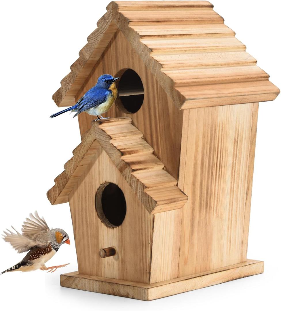 Bird Houses for Outside, Wooden Outdoor 2 Hole Bird House, Can Accommodate 2 Bird Families Suitable for Bluebird,Finch,Cardinals, Garden Hanging Birdhouse No Assembly Required