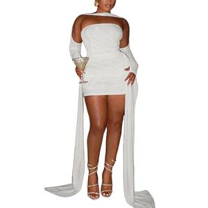 Women Sexy Strapless Tube Top Mesh Layered Mini Dress Bodycon Ruched Side Ribbons Bandage Dress Birthday Dresses White, Size S