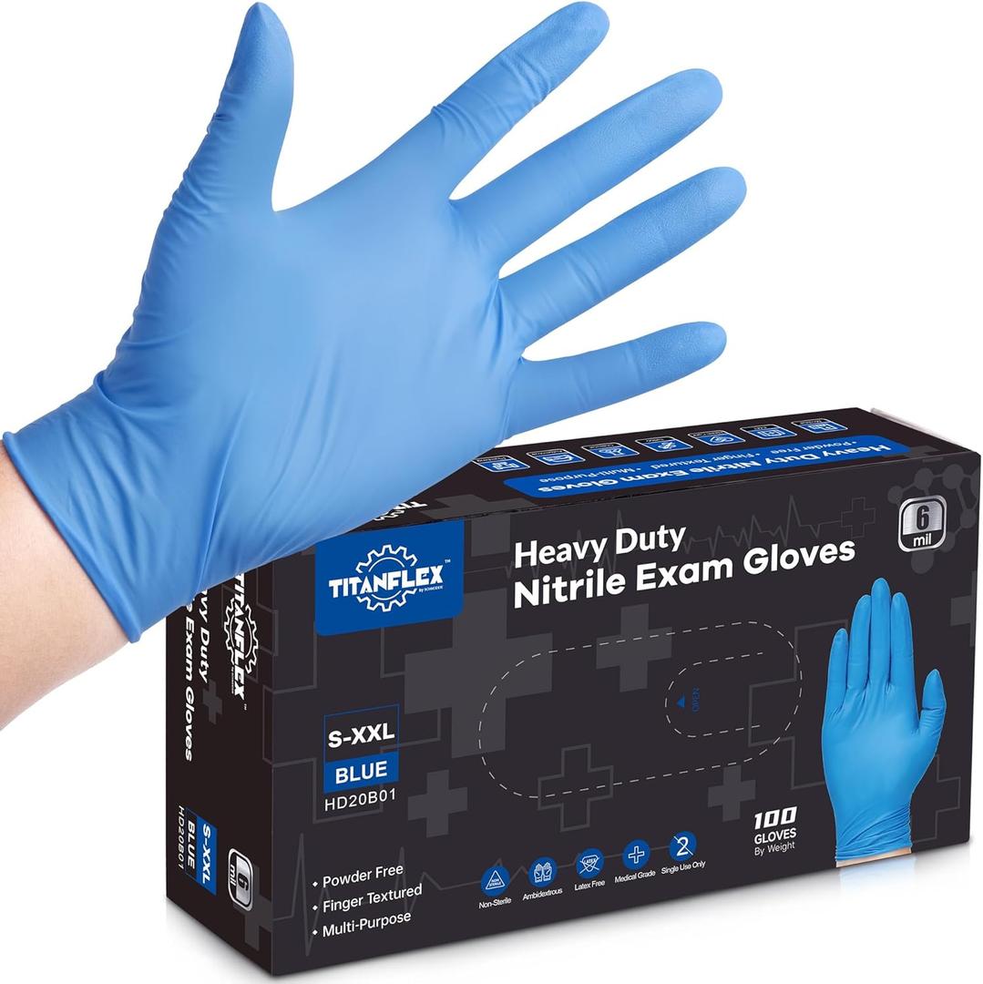 TitanFlex Nitrile Exam Gloves, Blue, 6-mil, Heavy Duty Nitrile Gloves, Mechanic Disposable Gloves, Latex Free, Powder Free (Blue(Large 100))