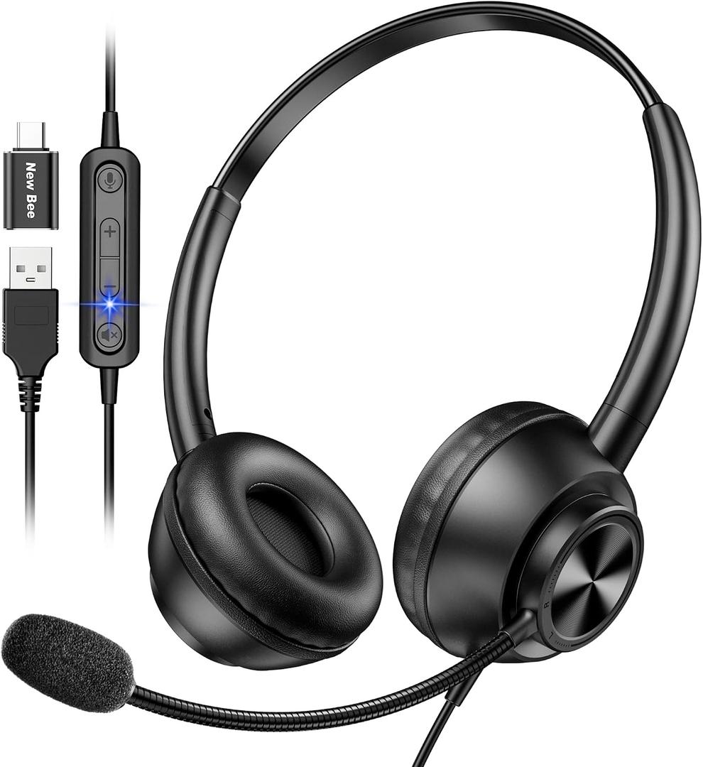 USB Headset with Microphone for PC, Computer Headset with Mic, Wired Headset with USB-A & Type-C, Mute, In-Line Controls Call Center Headphone for Work PC Laptop Office Phone Meeting Zoom Skype