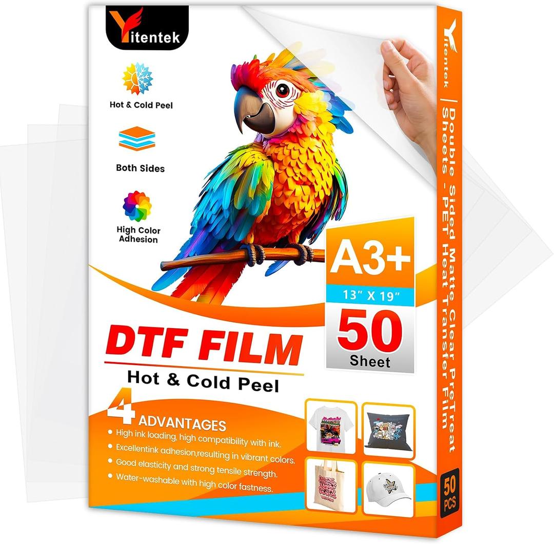 A3+ DTF Transfer Film, 13" x 19" Double Sided Matte PreTreat Heat Transfer PET Sheets for DTF Inkjet Printer, DTF Paper Direct Print on T-Shirts Textile, Hot & Cold Peel, 50 Sheets