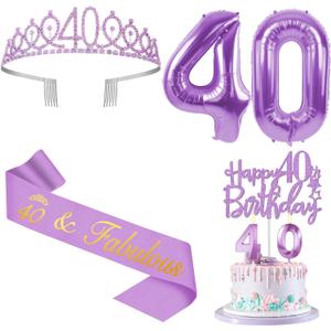 40th Birthday Decorations for Women Purple with 40th Birthday Sash and Crown, Cake Topper and Candles, Number Balloons, 40 Year Old Gifts for Women