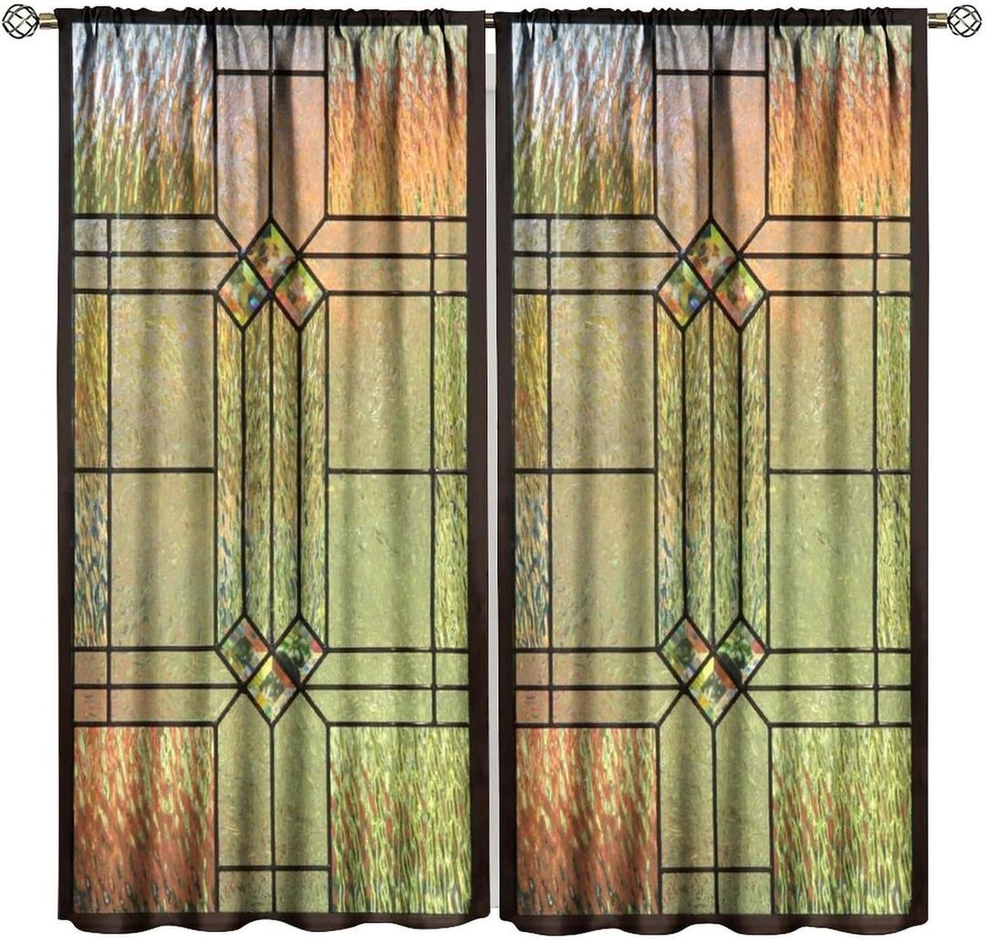 Stained Glass Curtains, Yellow Glass Window Print Rod Pocket Thermal Insulation Window Treatments for Living Room Bedroom Kitchen Cafe Drapes 42x45 Inch