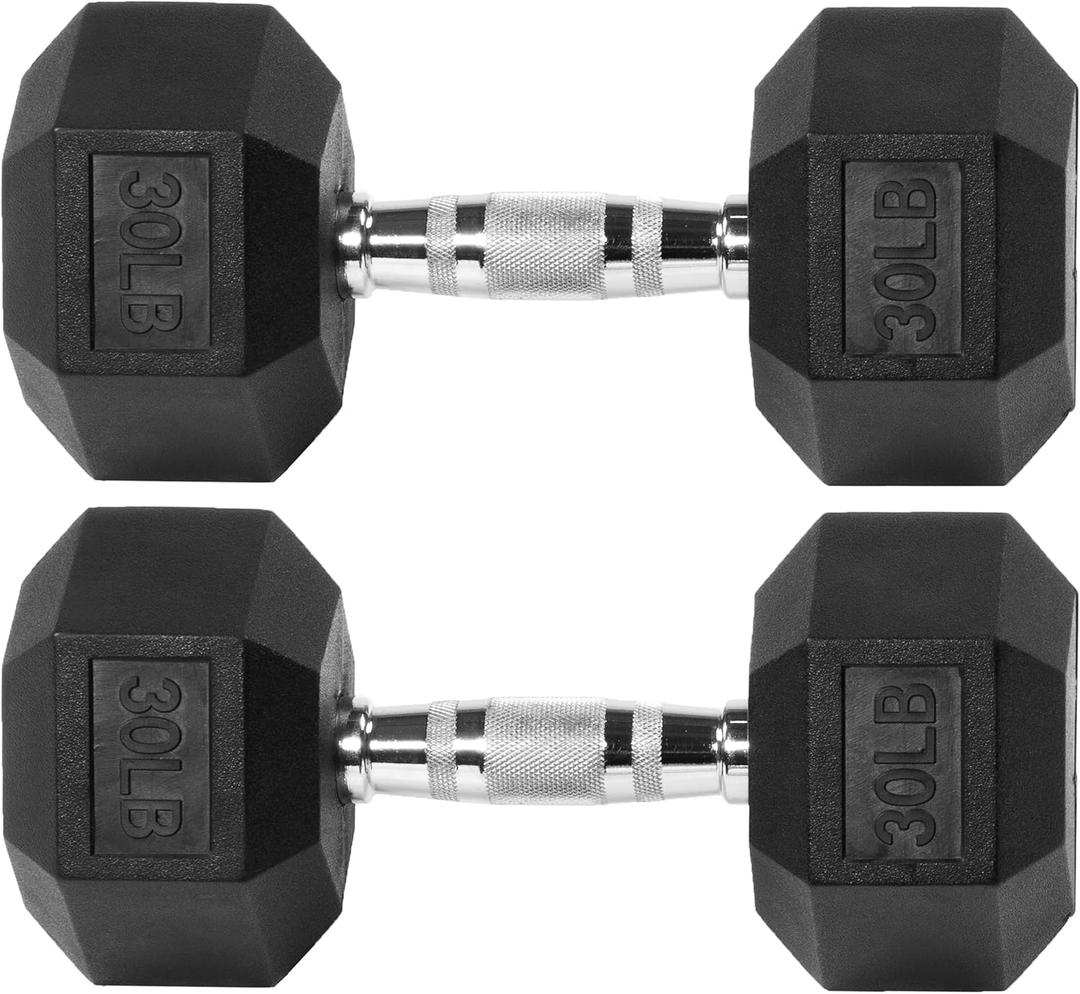 Fitvids Rubber Encased Hex Dumbbell with Anti-Slip Grip for Exercises and Fitness, Multiple Weight Options (30LBS, Black)
