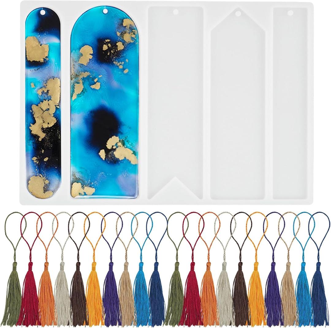 Actvty Silicone Bookmark Molds - 5 Shapes and 20pcs Bookmark Tassels for Resin Casting Crafts