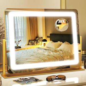 17" x22" Vanity Mirror with Light, LED Makeup Mirror with Lights and 10X Magnification, Lighted Makeup Mirror with 3 Color Modes ＆ Dimmable, for Vanity Desk, Gold