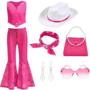 Cowgirl Costume Girls Kids Disco Outfits Movie Heroine Dress Up for Halloween Birthday Cosplay Party 130(5-6 Years), Hot Pink)