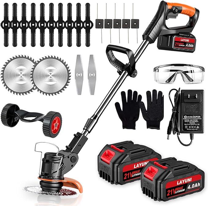Electric Weed Wacker Cordless Weed Trimmer, Battery Powered with 4 Types Blade, 3 in 1 Stringless Grass Trimmer/Mini Mower/Brush Cutter with 2X 24V 2.0Ah Battery Powered for Garden, Yard Care