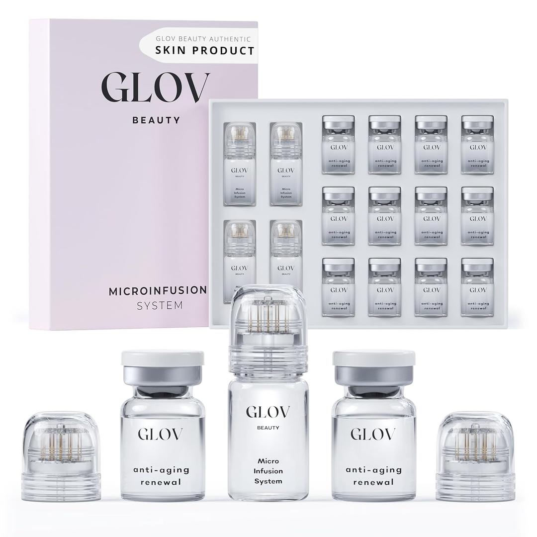 Glov Beauty Micro Infusion System for Face & Lips  0.25mm 24k Gold Cosmetic Facial Stamp with Hyaluronic Acid, Collagen Peptides & Licorice Root Serum Ampoules (4x Infusion Application, 12x Serums)