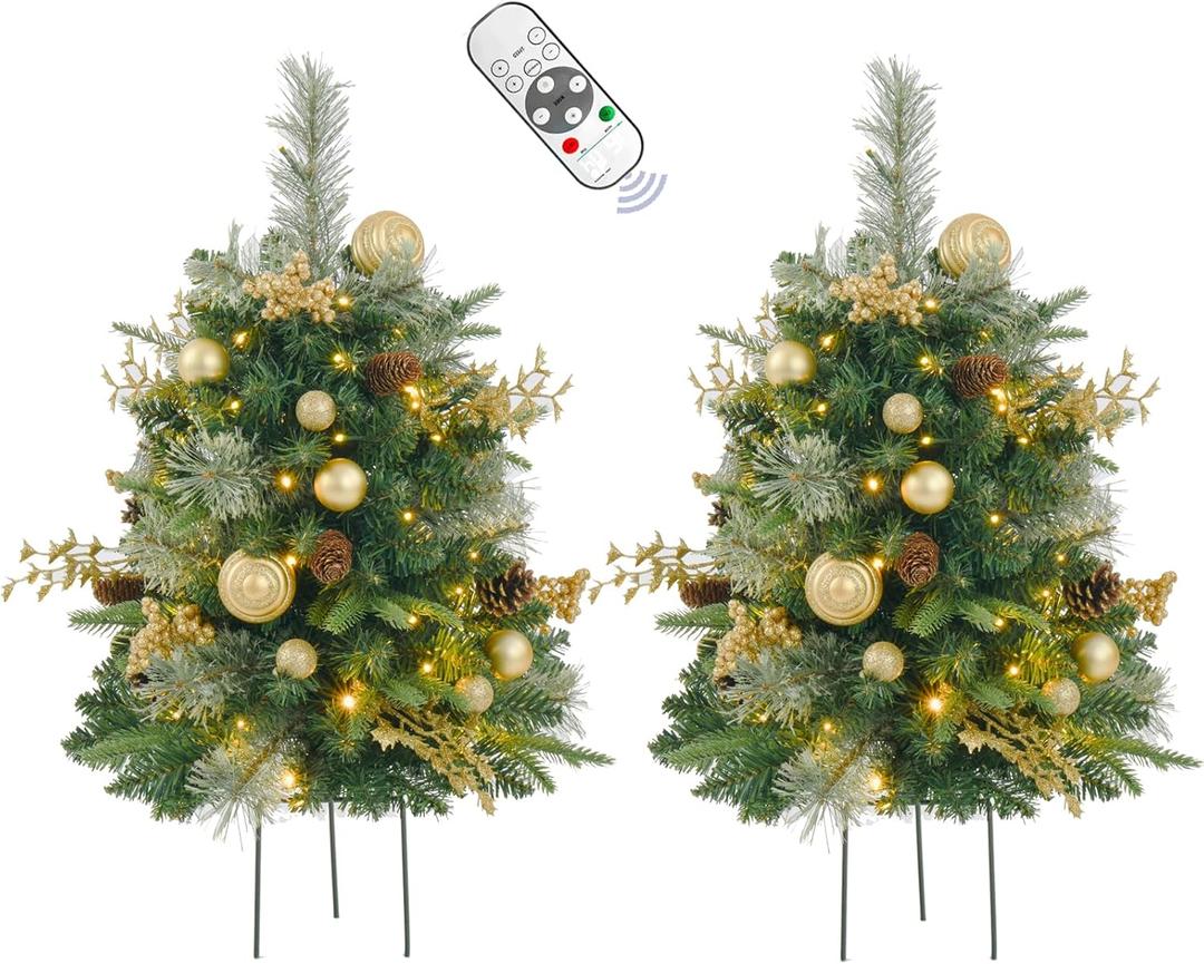 2 Pack Prelit Outdoor Christmas Tree 30 Inch, Remote Control Battery Operated with 100 Warm White Multi-Color Changing LED Lights, Small Pre-Decorated Green Xmas Tree for Pathway, Porch (Gold)
