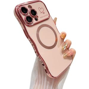 DEFBSC Magnetic Case for iPhone 13 Pro Max Work with Magsafe, Curly Wave Shape Plating Frame Cute Love Heart Cover, Full Camera Lens Protection Soft Durable TPU Shockproof Case, Pink
