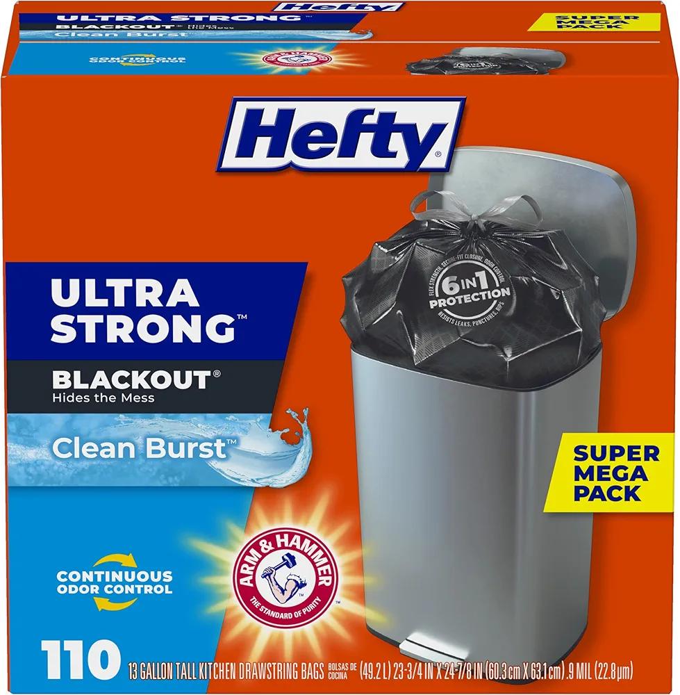 Hefty Ultra Strong Trash Bags, Black Tall Kitchen Trash Bags 13 Gallon Size, Break Resistant Drawstring Enclosure, Continuous Odor Control, Blackout, Clean Burst Scent, 110 Bags