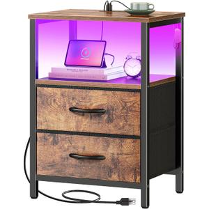 Huuger Night Stand with Charger Station and LED Lights, 2 Drawer Nightstand, Bed Side Table with Open Shelf, End Table, Fabric Dresser for Bedroom, Rustic Brown, 11.8"D x 15.7"W x 23.6"H（2 Drawers）