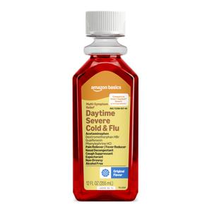 Amazon Basics Severe Daytime Cold and Flu, Non-Drowsy, Multi-Symptom Relief, for Adults and Children Age 6 and Over, Original Flavor, 12 fl oz (Previously Care)