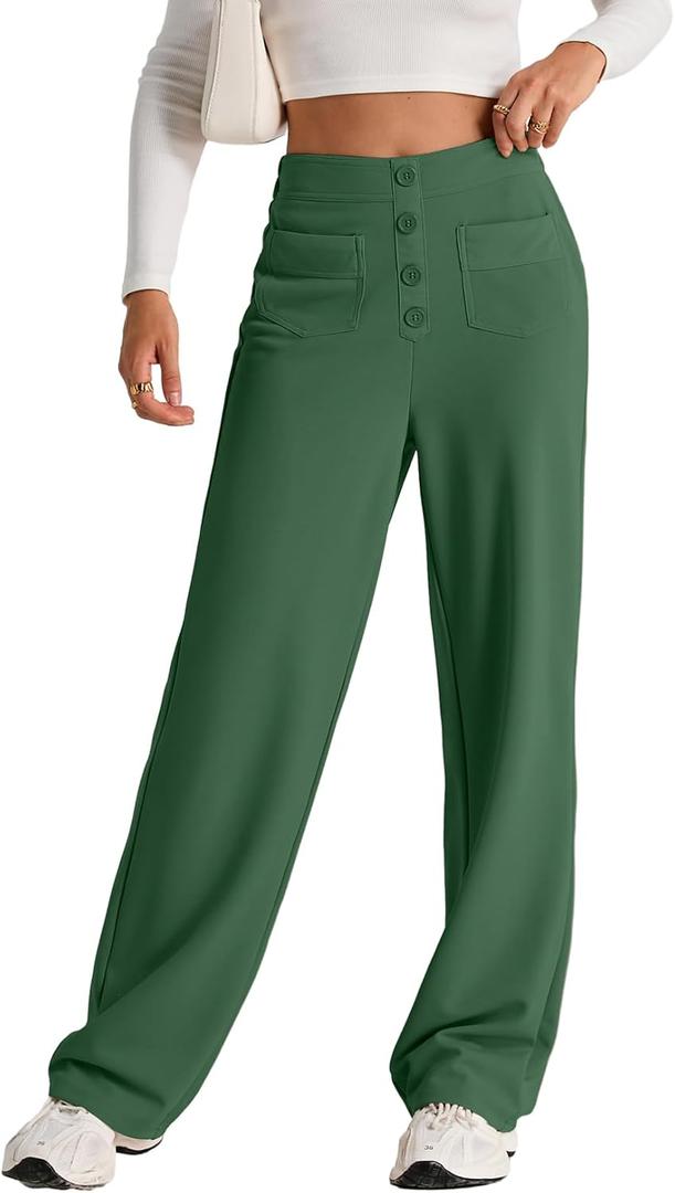 EVALESS Womens High Waist Button Stretchy Work Pants Straight Leg Office Dress Pant Business Casual Trousers with Pocket