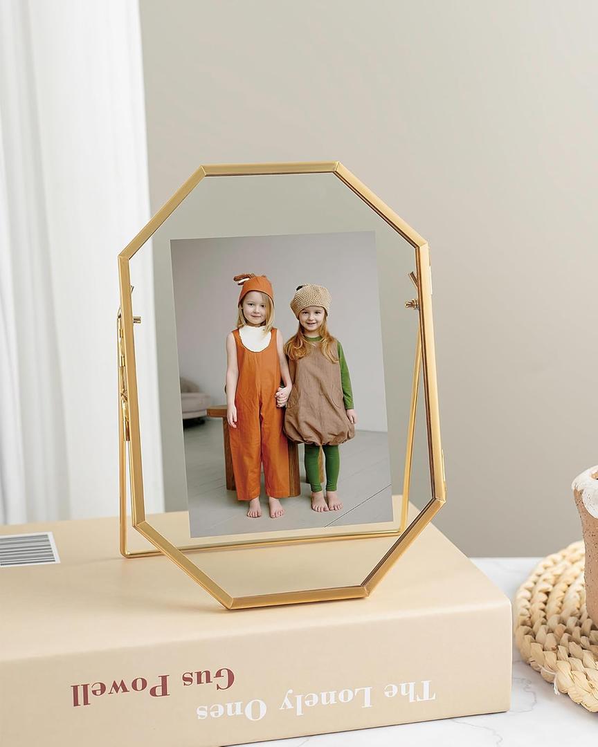 5x7 Gold Floating Picture Frame, Octagon Tempered Glass Floating Frames for 3.5 x 5, 4 x 6 Photo, Tabletop Picture Frame for Office and Home Decor