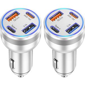 [2-Pack] Car Charger USB C, 4 in 1 65W Fast Charging 4-Port Dual USBC & USB A Car Phone Charger Cargador Carro Lighter Adapter for iPhone 17 16 15 14 13 12 Pro Max, iPad, Samsung,Tablet, Android (Silver)