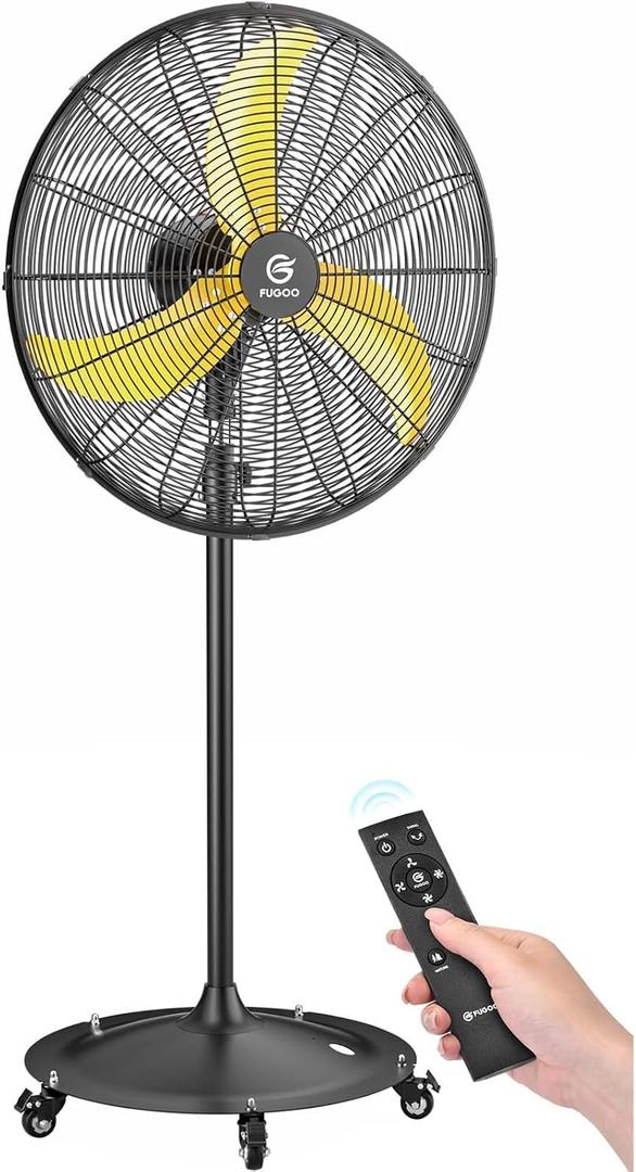 FUGOO High-Velocity Quiet Outdoor Pedestal Fan with Remote, 24"-6000 CFM, Brushless DC Motor, Oscillating, Waterproof, 50% Energy Savings for Patios, Garage, Workshop