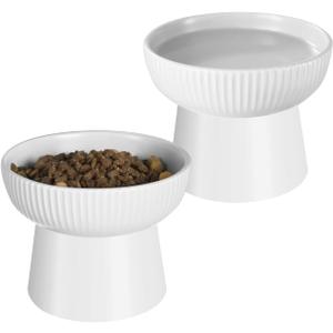 Ceramic Elevated Cat Bowls-Water Bowl, 15 Tilted Design, Anti-Vomiting & Spine Protection, Prevent Whisker Fatigue for Kittens to Adult Cats and Small Dogs (White-Elevated Cat Bowls-2), Pack of 1 