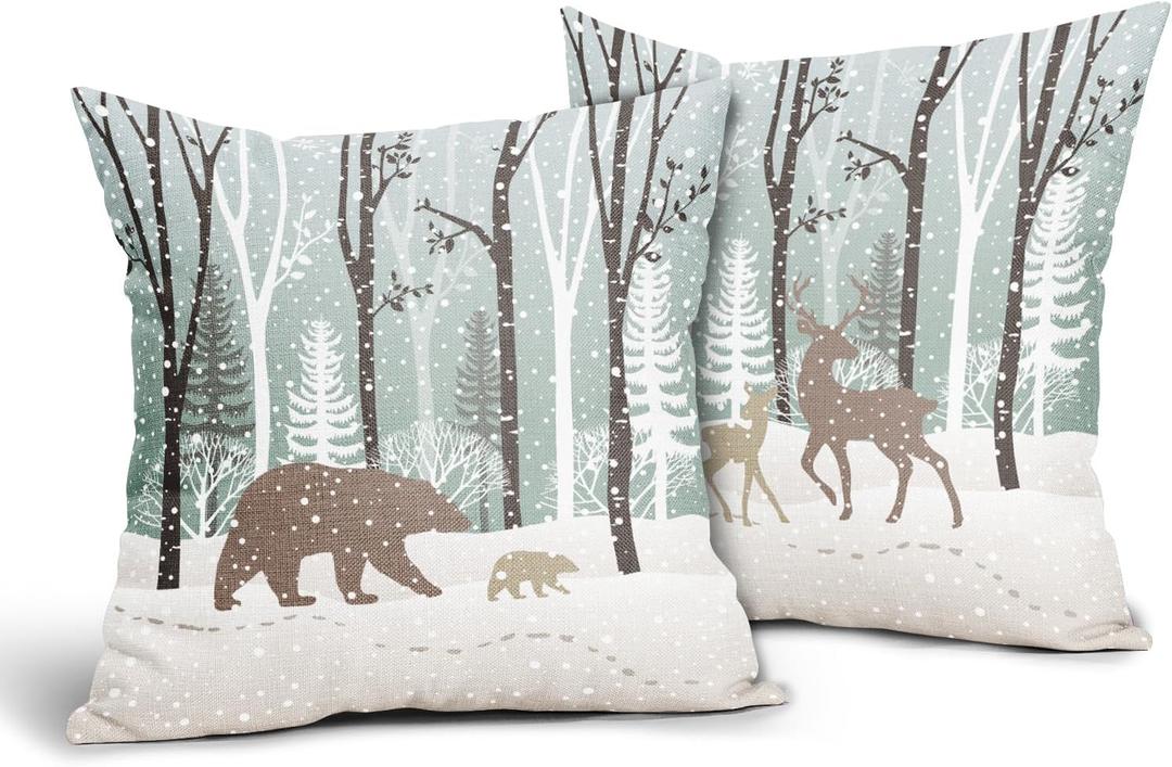 Winter Wildlife Pillow Covers Set of 2 Forest Bear Deer Christmas Pine Trees Snow Decorative Cuchion Cover 20x20 Inches Cotton Linen Throw Pillow Case Double Sided for Sofa Couch Bedding