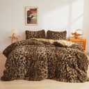 XeGe Cheetah Print Fluffy Faux Fur Duvet Cover Set, 3 Pieces Soft Plush Shaggy Fuzzy Bedding Set(1 Faux Fur Leopard Print Comforter Cover + 2 Furry Pillowcases), Zipper Closure (Queen, Brown)