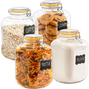 Galashield Gallon Glass Jars with Airtight Lid Large Glass Flour Sugar Storage Containers Canisters Leak-proof Lid Labels and Marker (4 Pack)