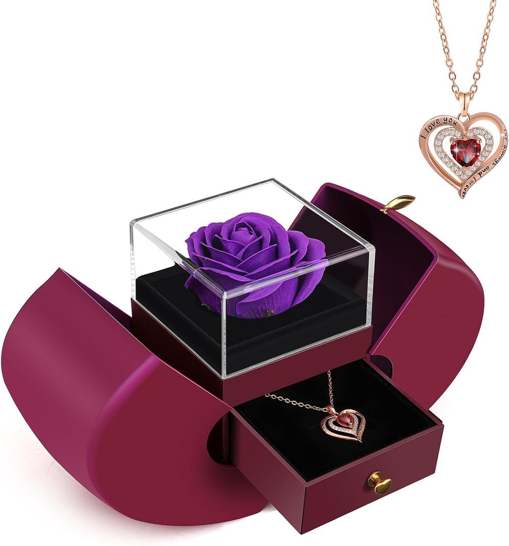 Preserved Purple Real Rose with Heart Necklace, Forever Flowers Rose Valentines Day Gifts for Her, Girlfriend, Wife, Mom, Women, on Mothers Day, Birthday, Anniversary, Thanksgiving, Christmas