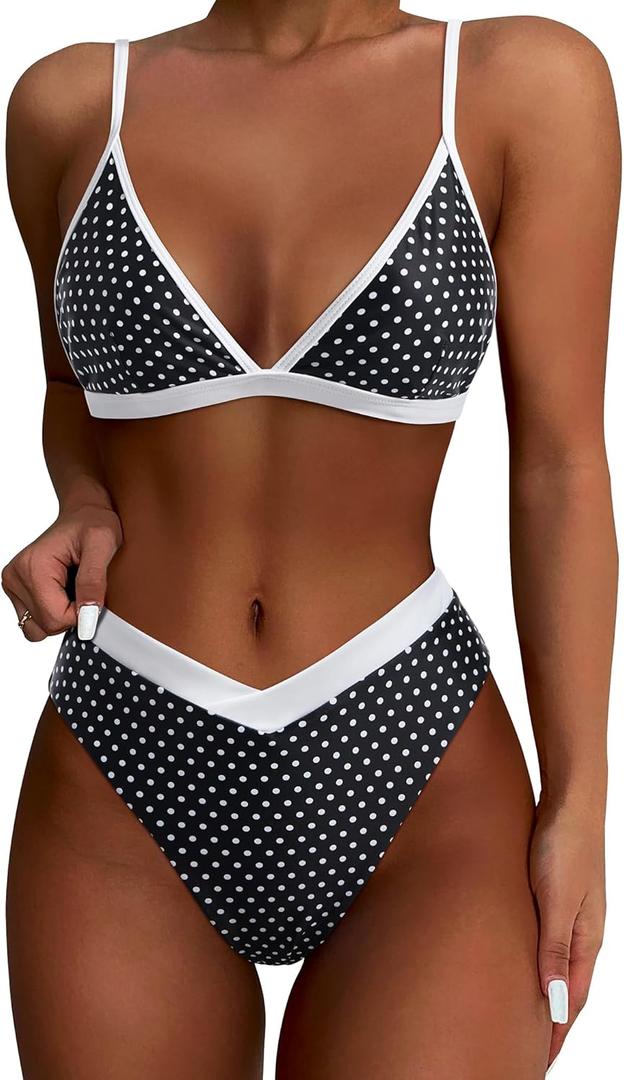 SUUKSESS Women Triangle High Cut Bikini Sets Sexy High Waisted 2 Piece Swimsuit (Small, 57 Black White Polka Dots)