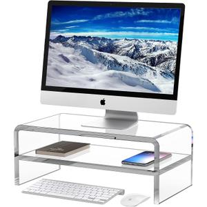 Egchi Acrylic Monitor Stand, 2 Tiers Clear Monitor Riser Computer Stand for Office, Home, Office, 5.12 Inches Hight PC Desk Stand for Keyboard Storage, Premium Platform for Laptop Printer TV Screen