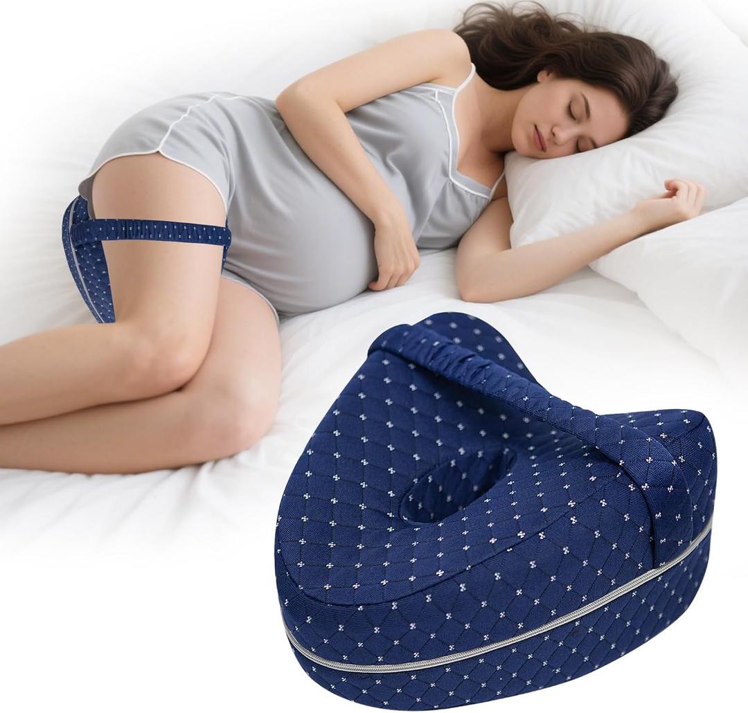 Knee Pillow for Side Sleepers, Alignment Pillows for Side Sleepers, Memory Foam Leg Pillow with Sleeping. Foam Support Pillow for Soothing Pain Relief for Sciatica - Adjustable StrapNavy