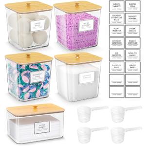 4+1 Pack Laundry Room Organization Containers,Clear Laundry Pods Container,Large Laundry Detergent Powder Storage Containers with Wooden Lids & Labels,Laundry Pods Holder for Scent Booster,Powder,Pods