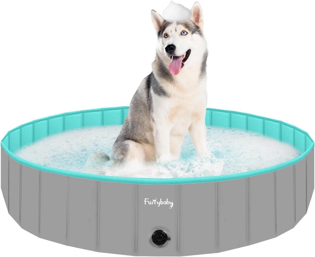 Foldable Dog Pool for Large Dogs, Hard Plastic Kiddie Pool for Dogs, 63" Collapsible Dog Pool with Rigid PP Core, Non-Slip PVC, Durable Pet Bath Tub for Indoor/Outdoor Backyard, Grey