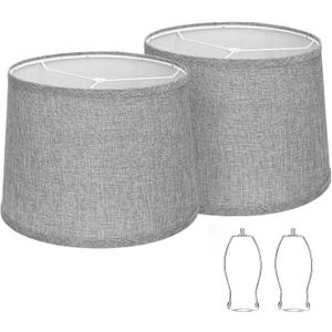 Drum Lampshades Set of 2, 12.6" x 11.6" Diameter, 9.8" High, Easy Assembly, Spider Fitter, Gray Fabric